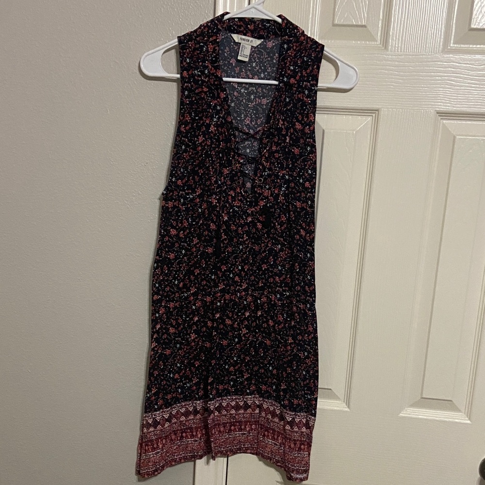 Forever 21 Black Midi Dress with Pink Floral Print and Printed Border